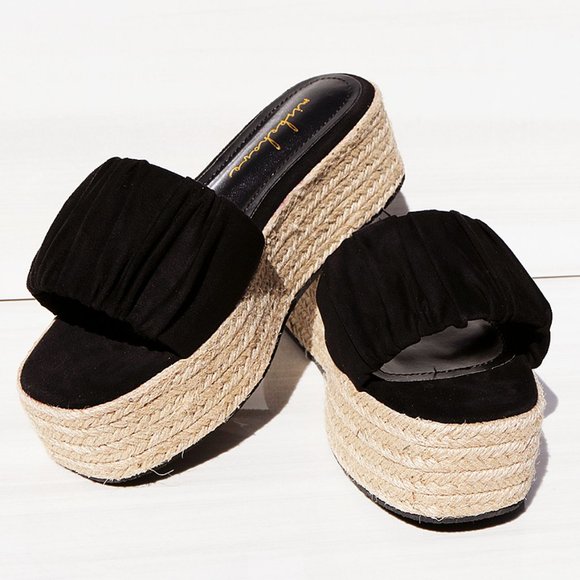 NEW Black Ruched Faux Suede Espadrille Slip On Slides Wedge Platform Sandal Shoe - Picture 2 of 10